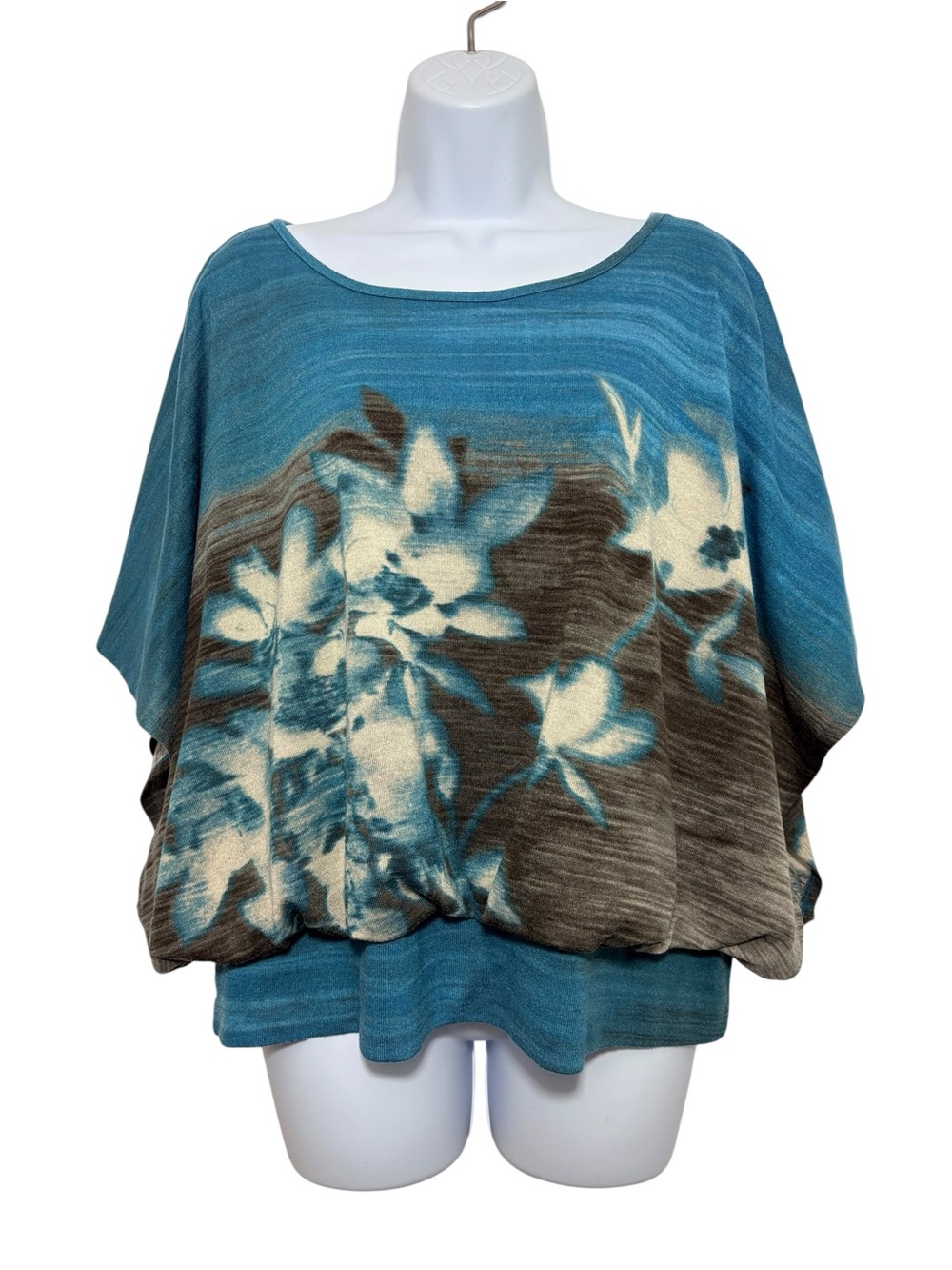Style & Co. XL Blue Floral Bubble Hem Overlay Blouse Batwing Sleeve Lined Top